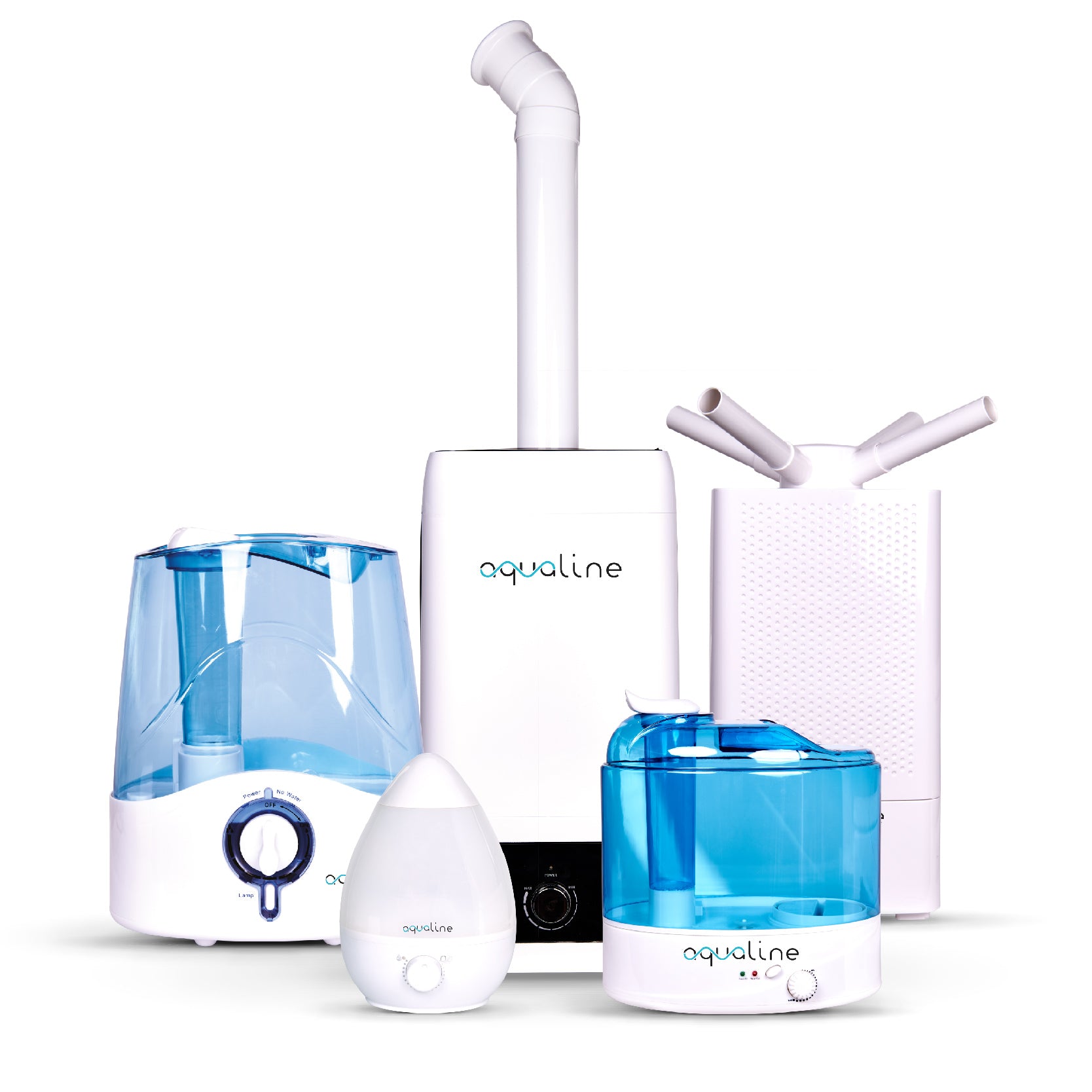 A collection of Aqualine brand humidifiers in various sizes, with a white and blue color scheme, including an adjustable mist nozzle and an automatic switch off feature.