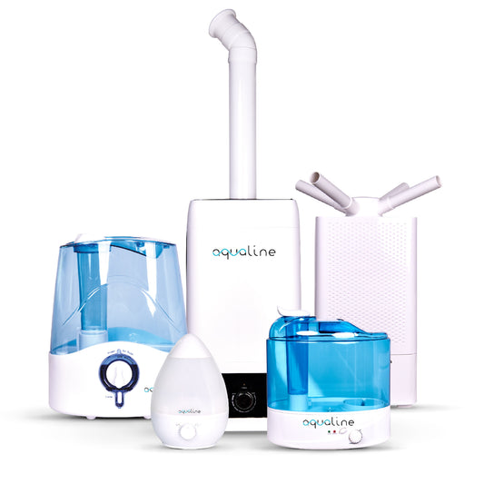 A collection of Aqualine brand humidifiers in various sizes, with a white and blue color scheme, including an adjustable mist nozzle and an automatic switch off feature.