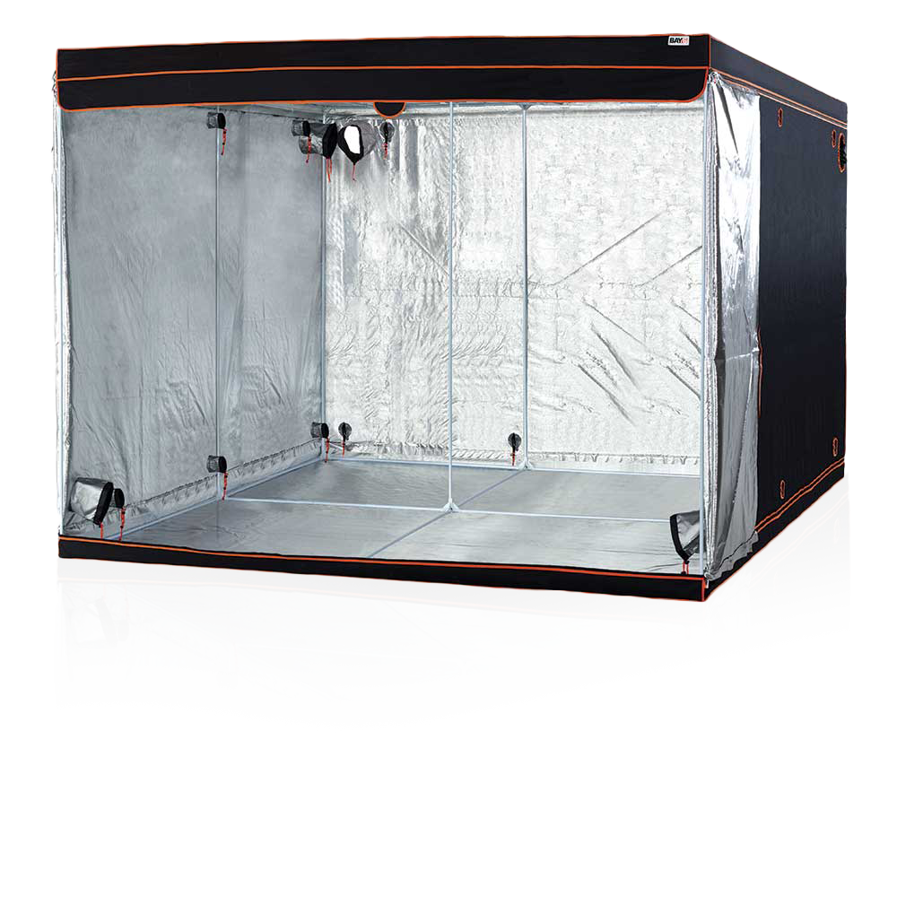 A BAY6 grow tent with reflective mylar sidewalls, metal poles, and plastic corners, designed for indoor plant growing.