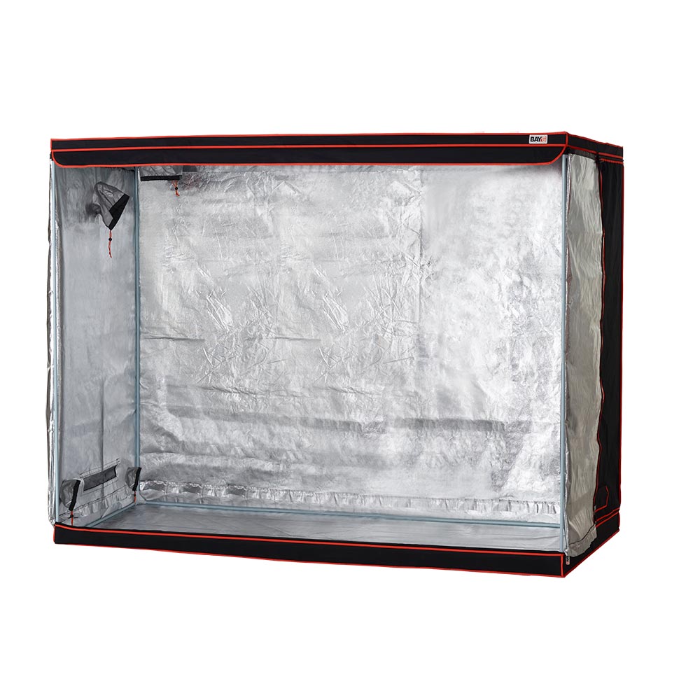 Glow-in-the-dark reflective interior of a grow tent with black frame on a white background