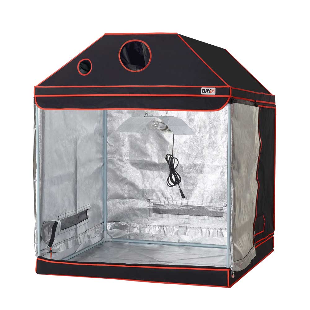 Black and red grow tent with clear side panels on a white background