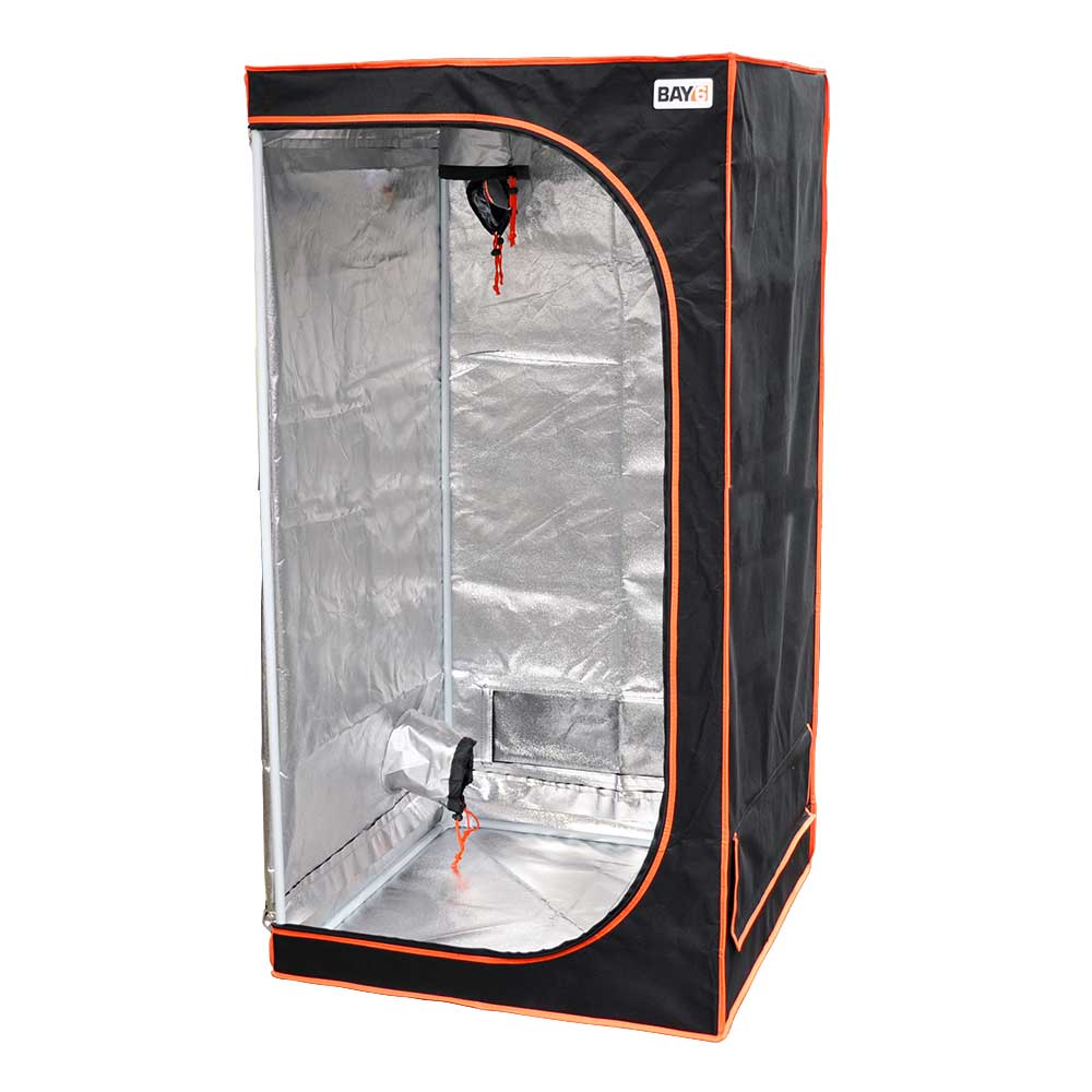 Black and orange grow tent with reflective interior on a white background