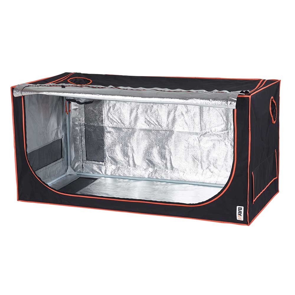 Black and orange grow tent with reflective interior on a white background