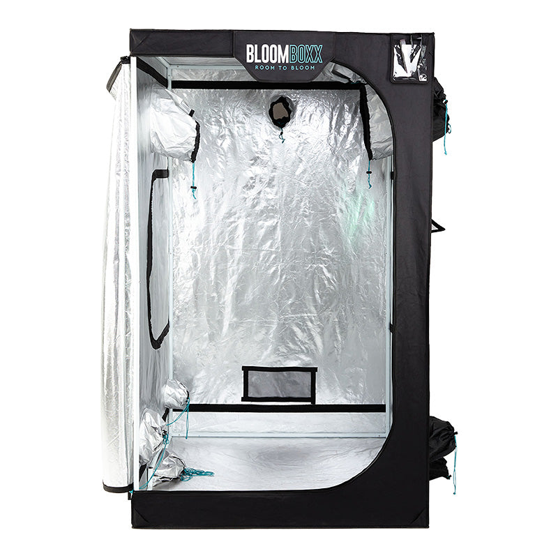 Bloom Boxx grow tent with clear door and black frame on a white background