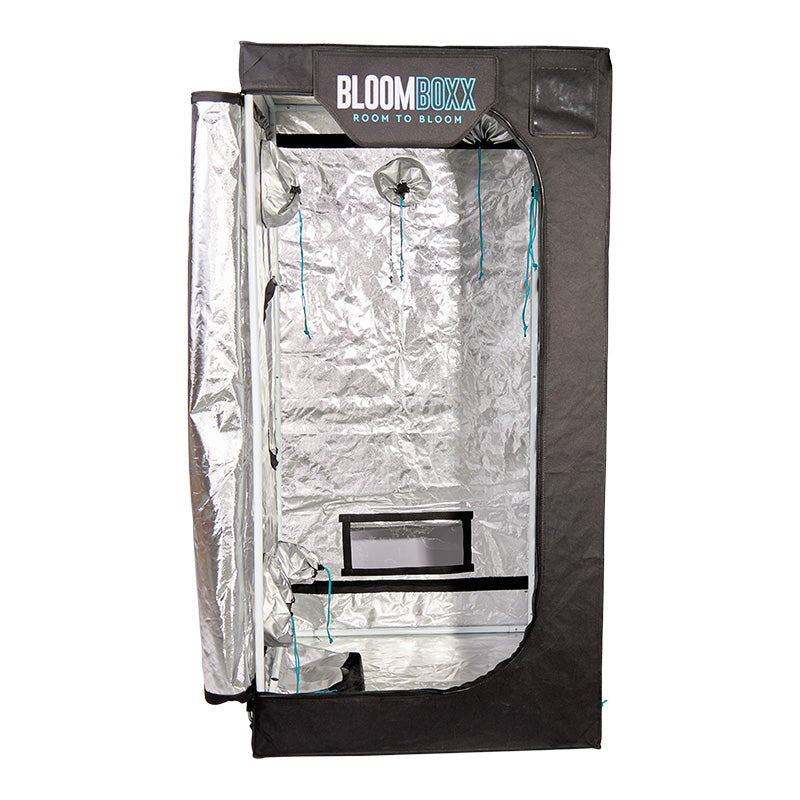 A Bloomboxx Grow Tent with a reflective silver Mylar interior and a green translucent viewing window, featuring the brand logo on the top corner.