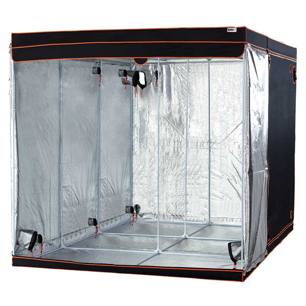 Clear grow tent with black trim on a white background