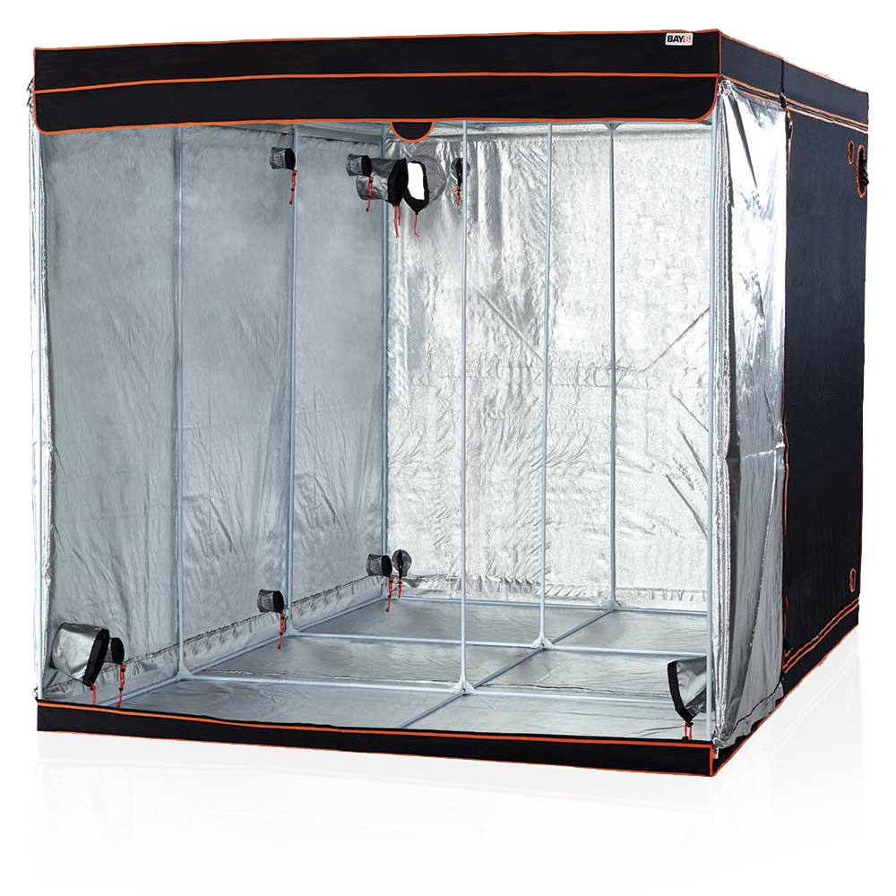 Clear grow tent with black trim on a white background