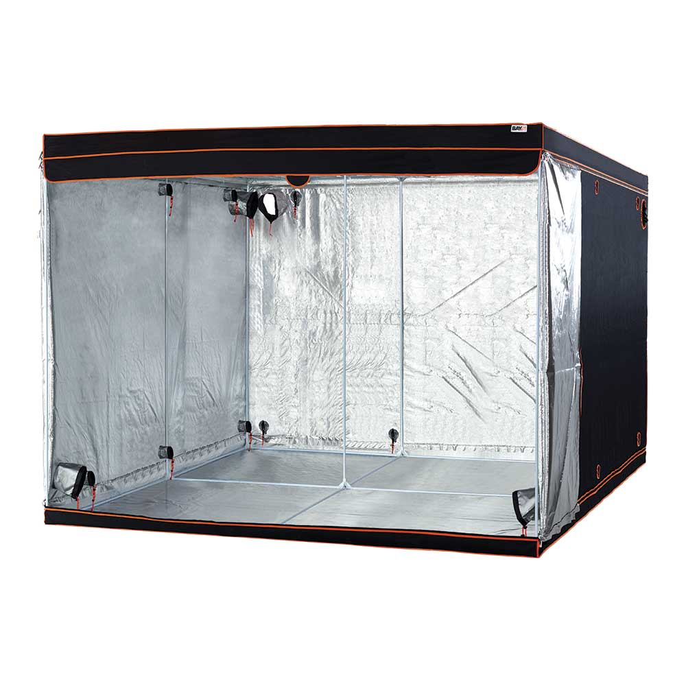 Black and silver grow tent on a white background