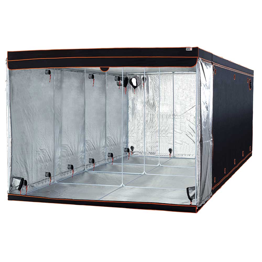 Black and clear grow tent with lights on a white background