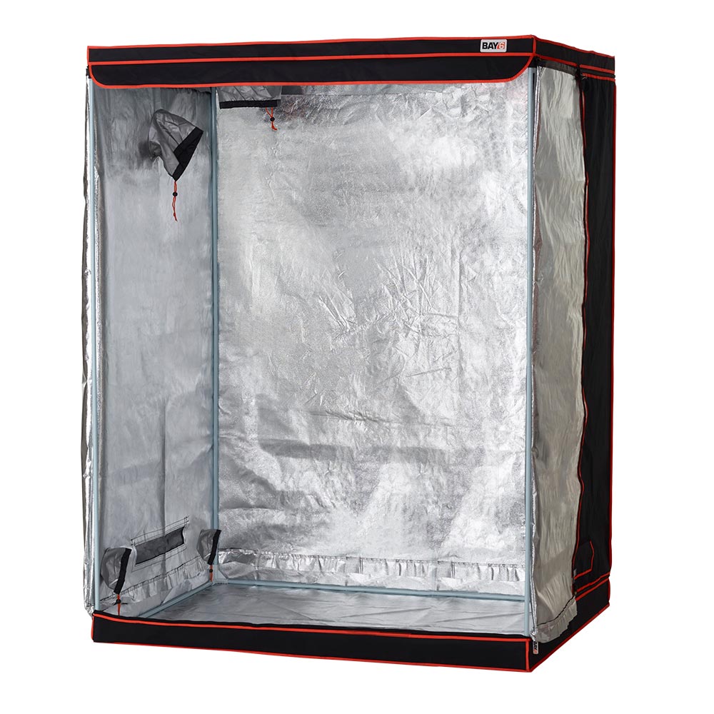 A BAY6 grow tent with reflective mylar sidewalls, metal poles, and plastic corners, designed for indoor plant growing.