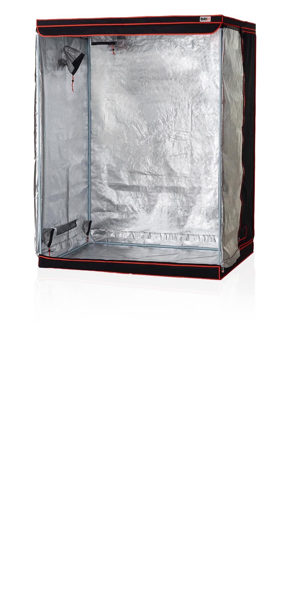 Silver reflective grow tent with black trim on a white background