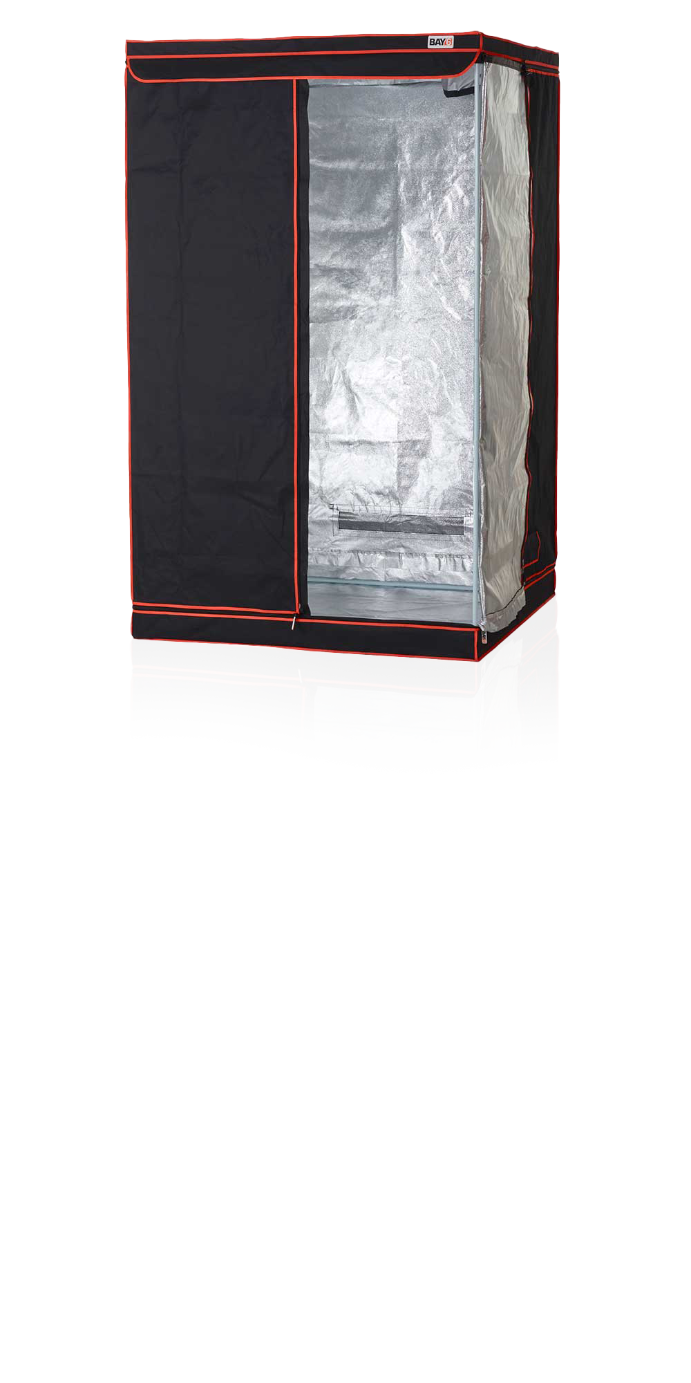 Black and red grow tent with reflective interior on a white background