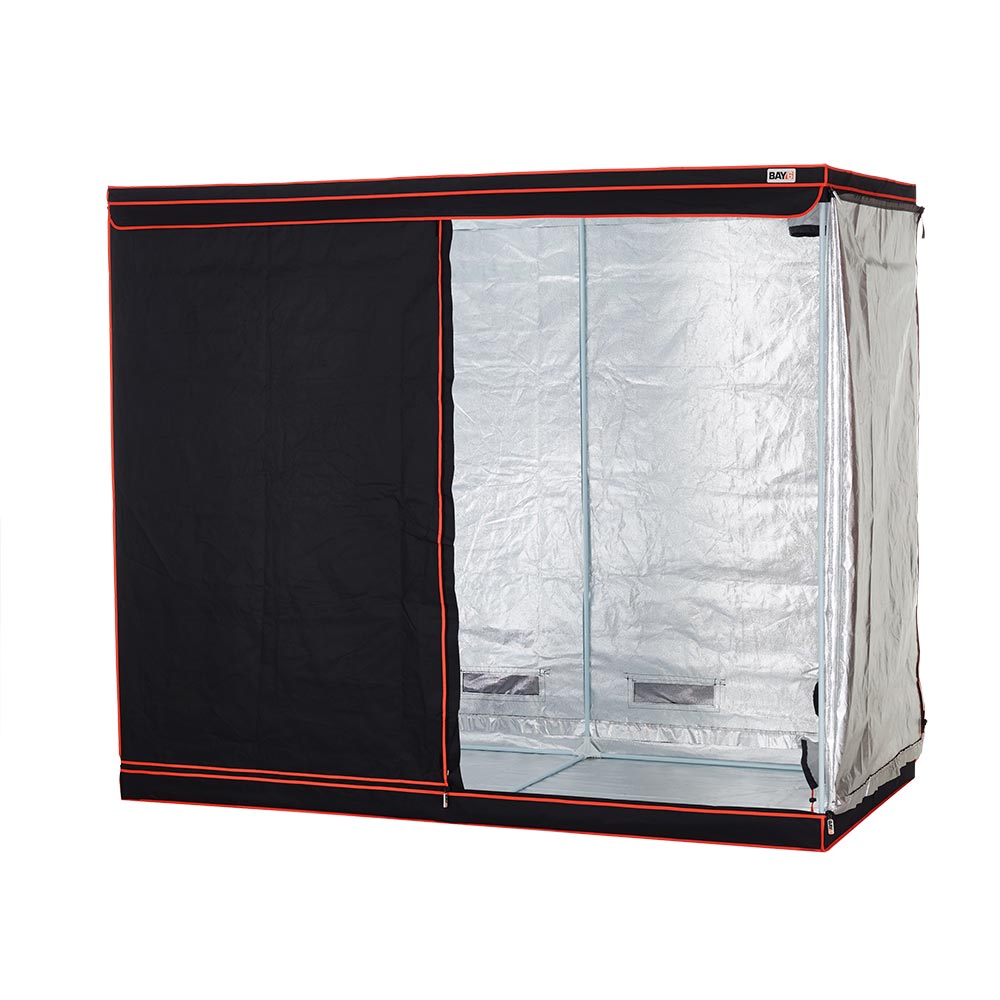Black and clear grow tent with orange trim on a white background