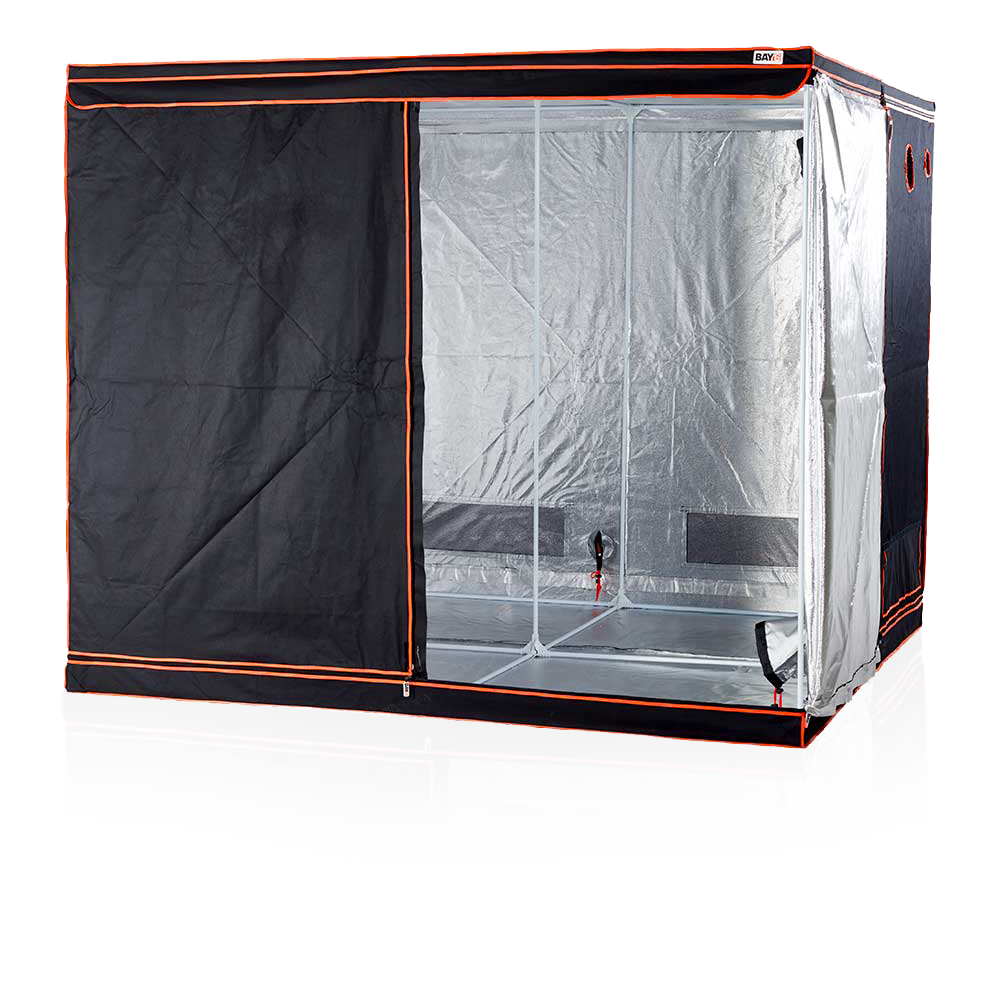 Black and clear grow tent on a white background
