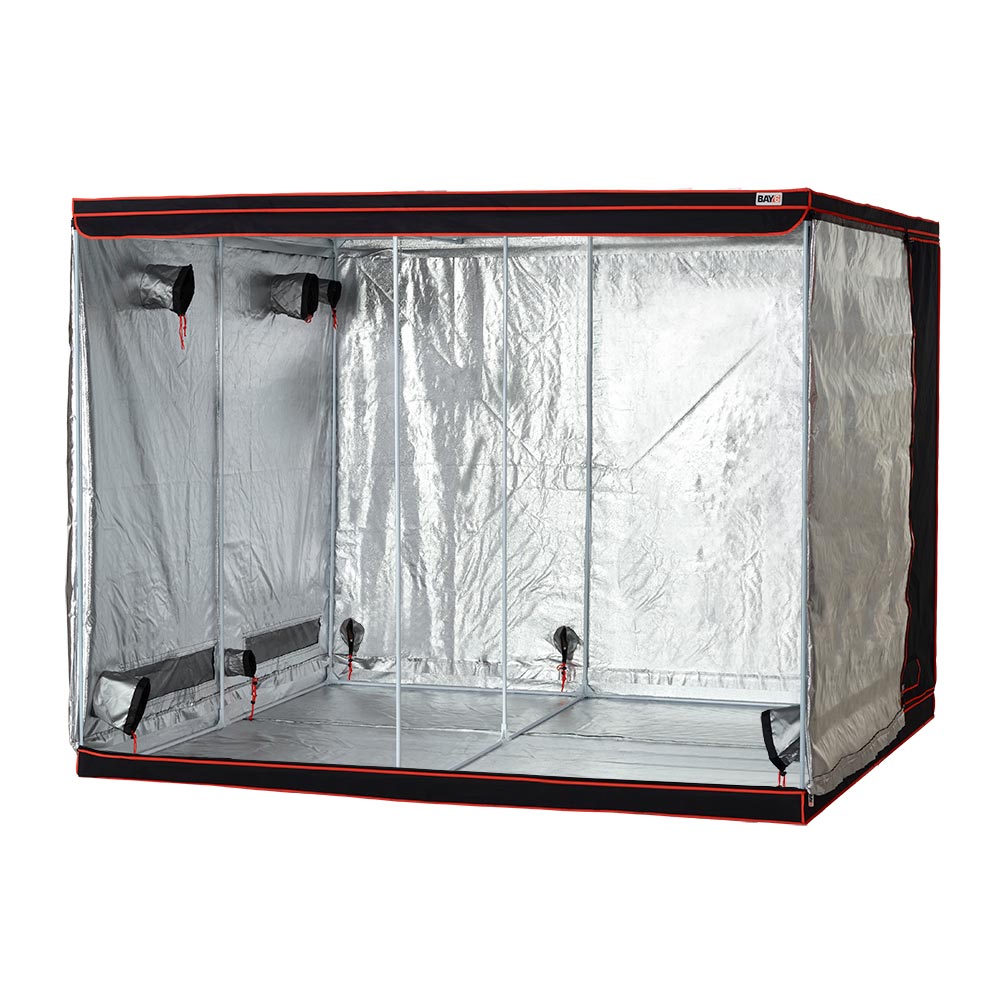 Clear grow tent with black trim on a white background