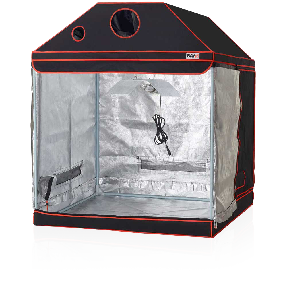 Black and red grow tent with clear side panels on a white background
