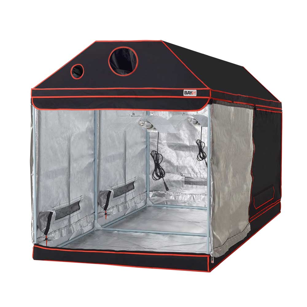 Black and red grow tent with clear side panels on a white background