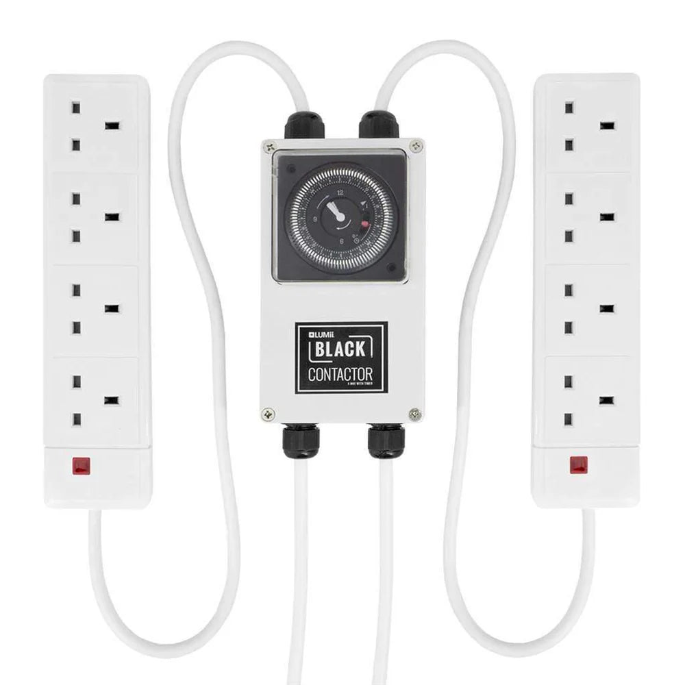 Black contactor with two white electrical outlets on a white background