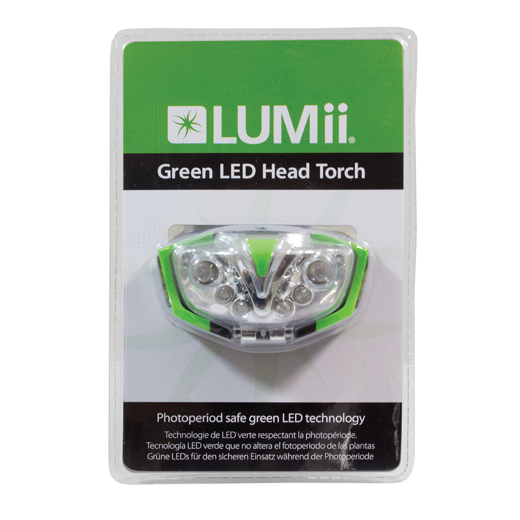 Green LED head torch in packaging with LUMii branding