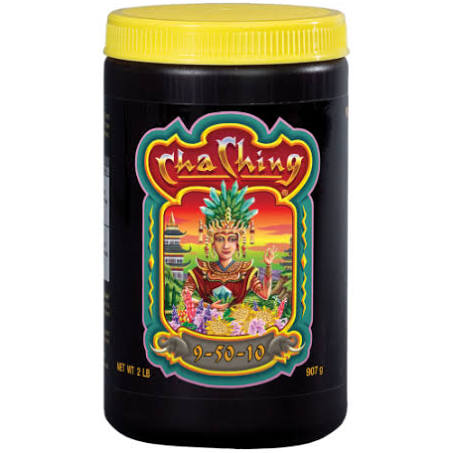 A container of Cha Ching fertilizer with a label featuring an illustration of a plant with fruits, set against a colorful background.