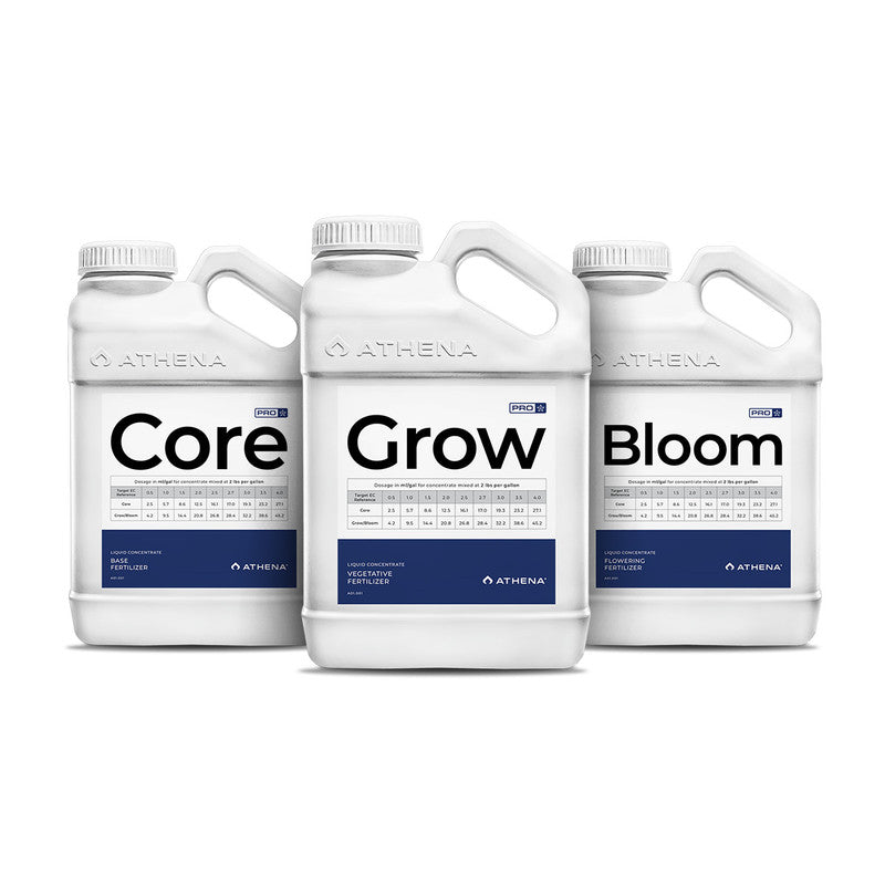 Three white containers labeled 'Core', 'Grow', and 'Bloom' by Athena on a white background.