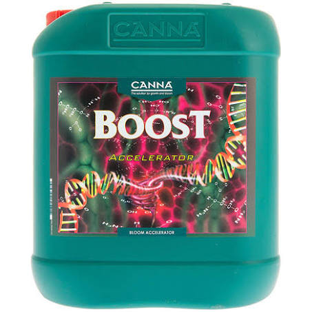 A green plastic container of Canna Boost Accelerator with a label showing a DNA helix and the text 'Bloom accelerator'.