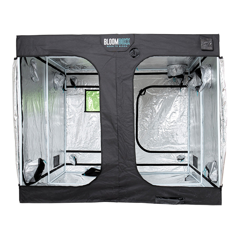 Black grow tent with transparent sides and 'BloomBox' branding on a white background