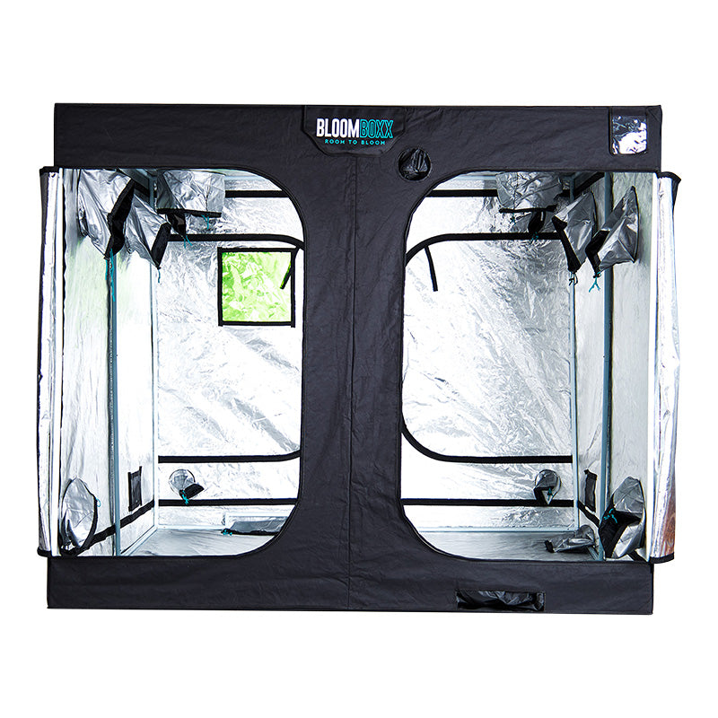 Black grow tent with transparent sides on a white background