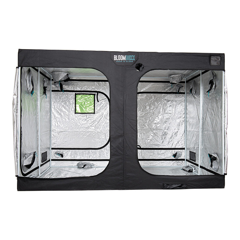 Black and gray grow tent with transparent sides on a white background