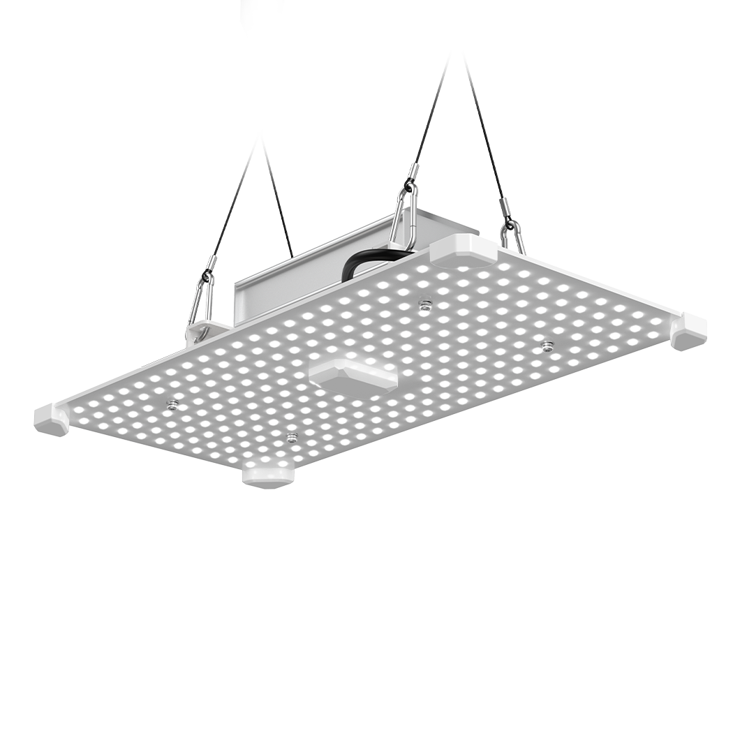 Square industrial pendant light with perforated design on a white background