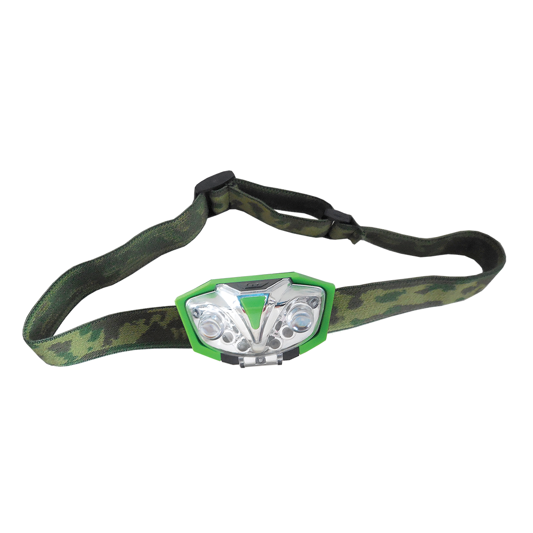 Headlamp with camouflage strap on a white background