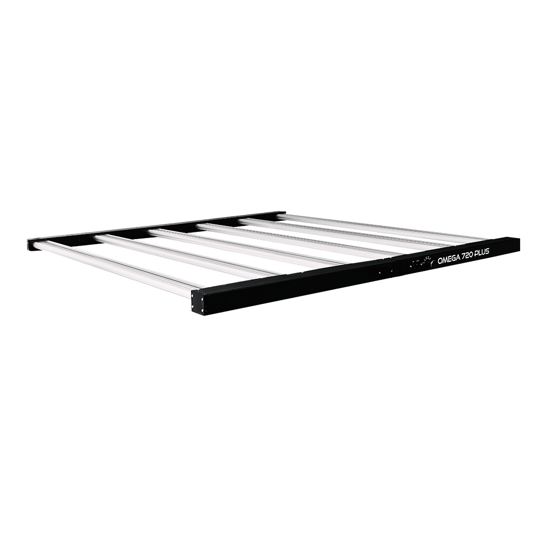 A long, rectangular Omega 720W Plus LED grow light fixture with multiple bars, designed for plant growth.