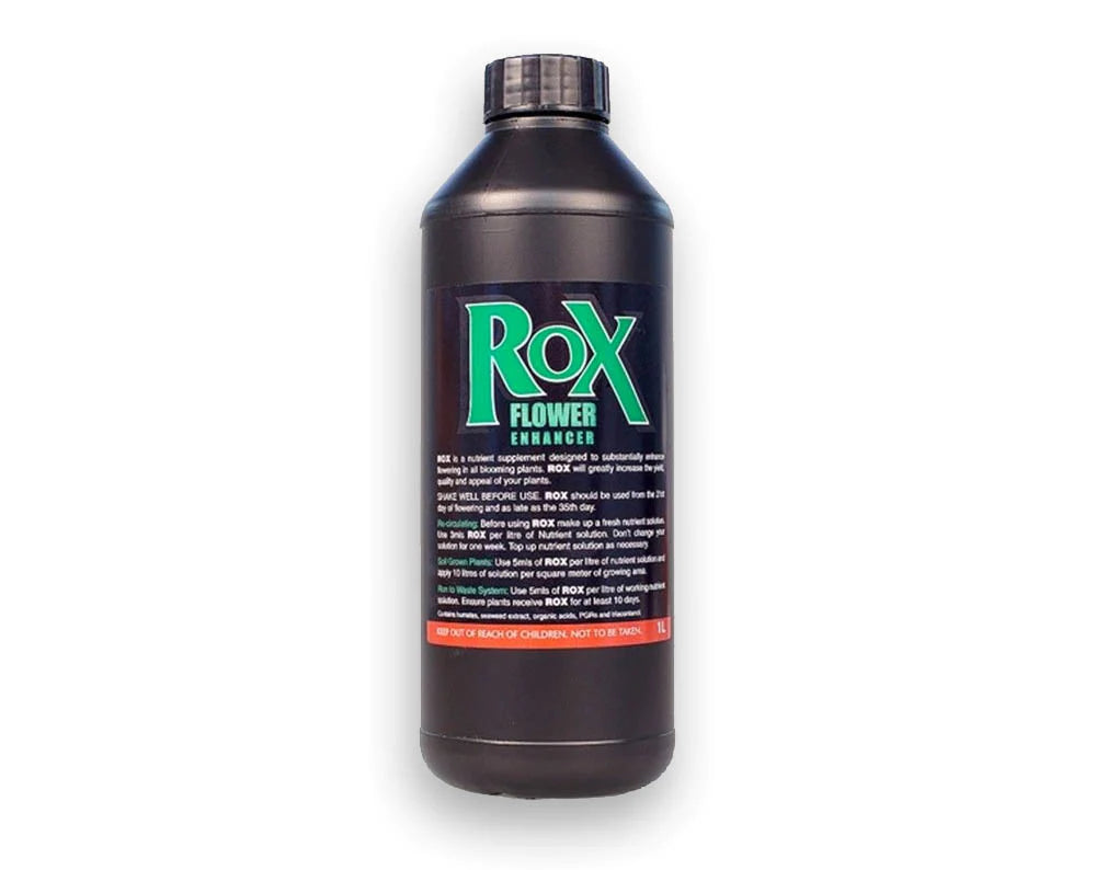 A bottle of Rox Nutrients Flower Enhancer, with a black label and green text, against a white background.