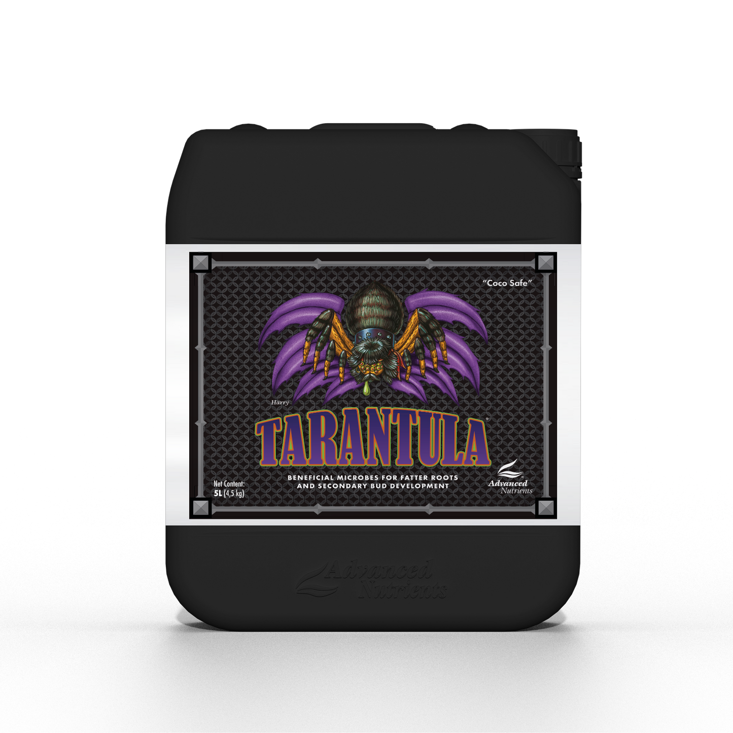 Black container with 'Tarantula' label featuring a spider design on a white background