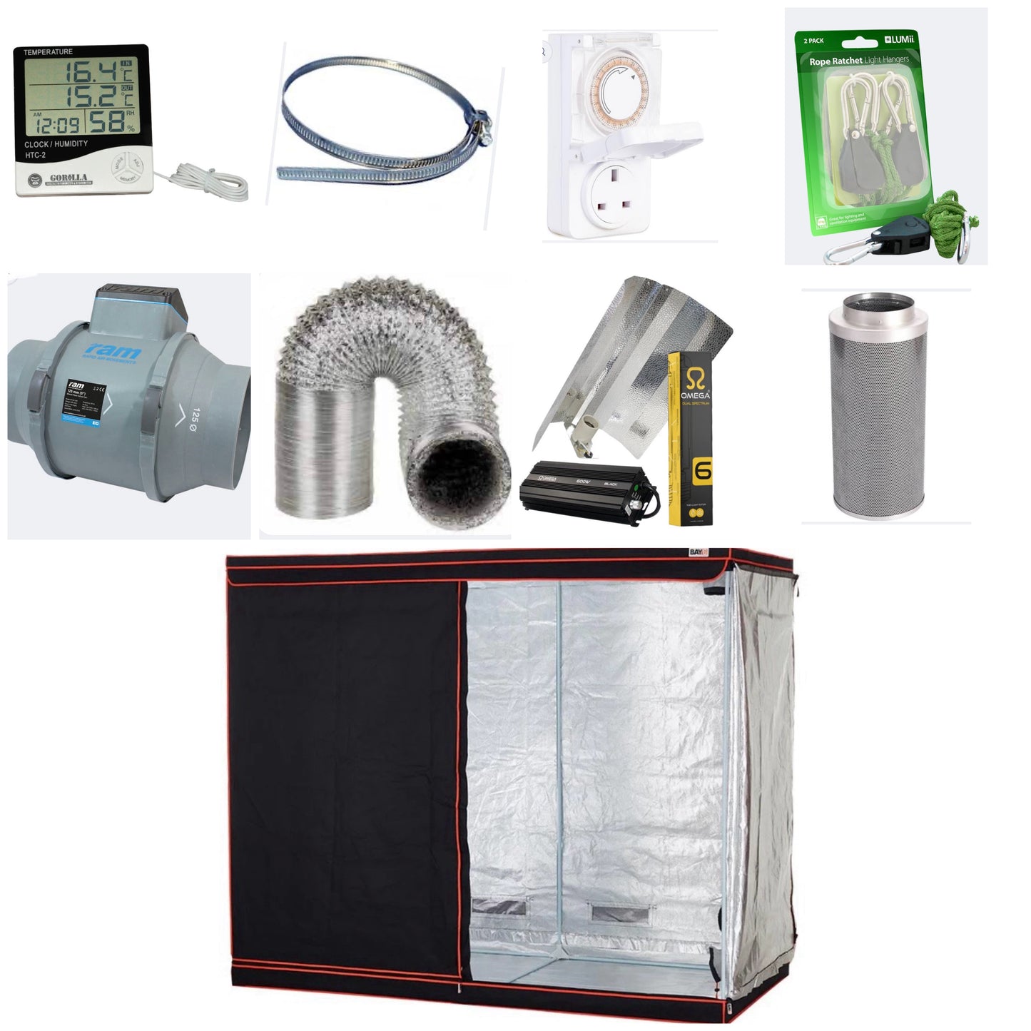 Collection of items including a grow tent, temperature monitor, ducting, and other equipment on a white background.