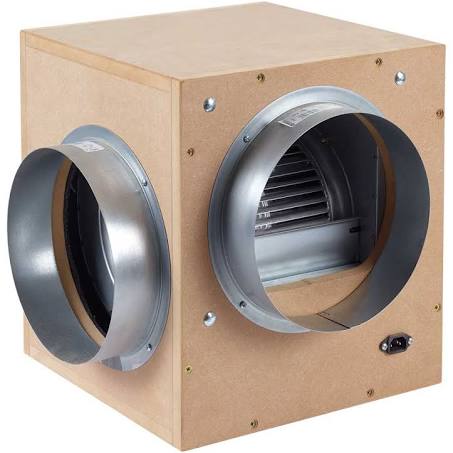 A beige-colored acoustic box fan with a visible metal grille and circular duct connections.