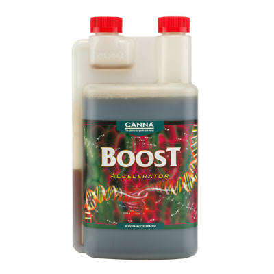 A 1-liter bottle of Canna Boost Accelerator, a plant growth enhancer, with a label showing botanical graphics and text.