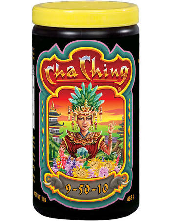 A container of FoxFarm Cha Ching fertilizer with a colorful label featuring an illustration of a plant with a human-like figure wearing a crown on top.
