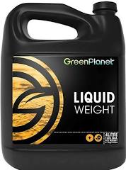 A black plastic container labeled 'GreenPlanet Liquid Weight' used for gardening purposes