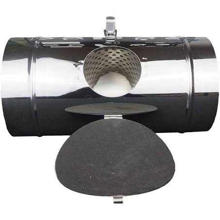 A black air filter with a metallic cylindrical structure and a black circular base.