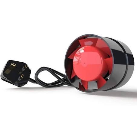 A black and red axial-flow fan with a red central hub and black outer rim, connected to a white power cable with a UK plug.