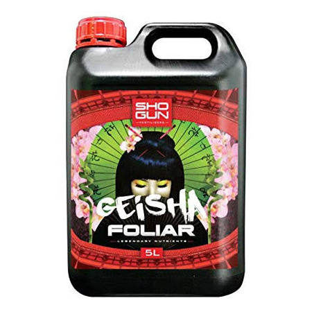 A 5-liter bottle of SHOGUN Geisha Foliar fertilizer with a red and black label featuring an image of a geisha.