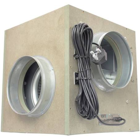 A beige acoustic box fan with a power cord, designed to move air into or out of a grow room.