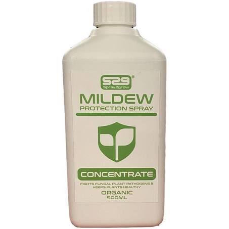 A bottle of Spray & Grow Mildew Protection Spray with a white label, green and red text, and a green shield logo.